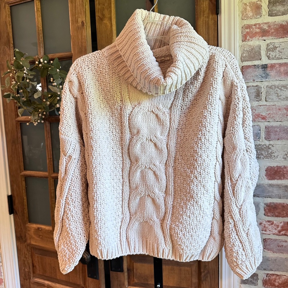 Mystree Sweater Women White Cable Knit Chenille Cowl Neck Oversized S/M